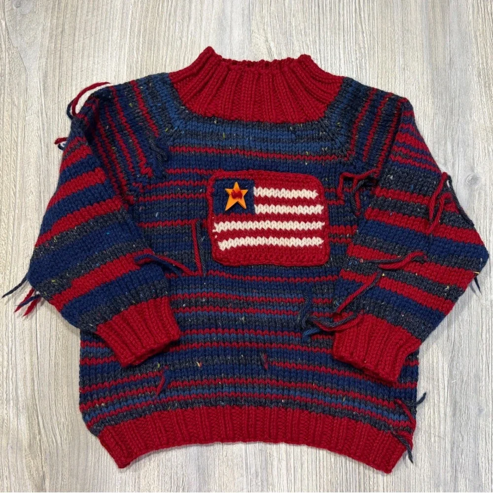 Handmade Kids Knit American Flag Sweater Red Blue Striped Distressed Grannycore